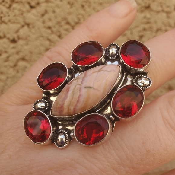 New Oversized Rhodochrosite & Garnet 925 Silver Statement Ring. - Picture 6 of 16
